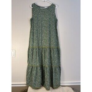 J Jill Dress Womens Medium Floral Green Tiered Cotton Modal Sleeveless Boho Long
